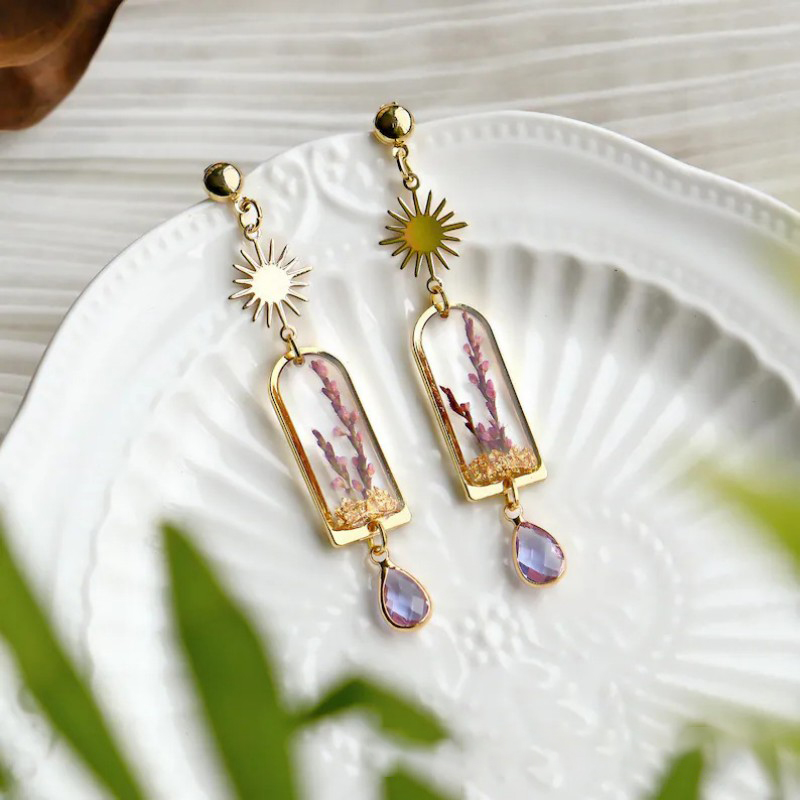 Dried Flower Bouquet - Boucles d'oreilles uniques en lavande violette,